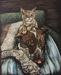 Scratchbord art titled: Babysitting