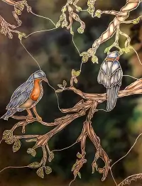 Scratchbord art titled: Bluebirds on a Stained Glass Window