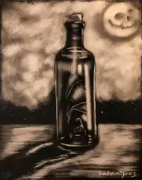 Scratchbord art titled: Bottled Bat