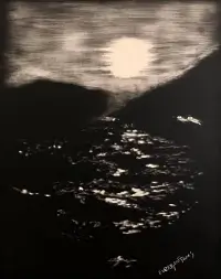 scratchbord art titled: Kern River Full Moon