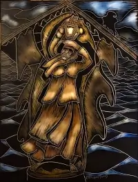 Scratchbord art titled: Lost at Sea