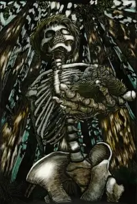 Scratchbord art titled: Meeting Death in a Forest