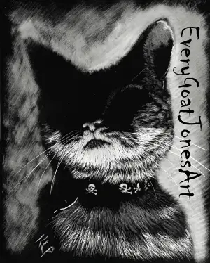scratchbord art of cat with logo